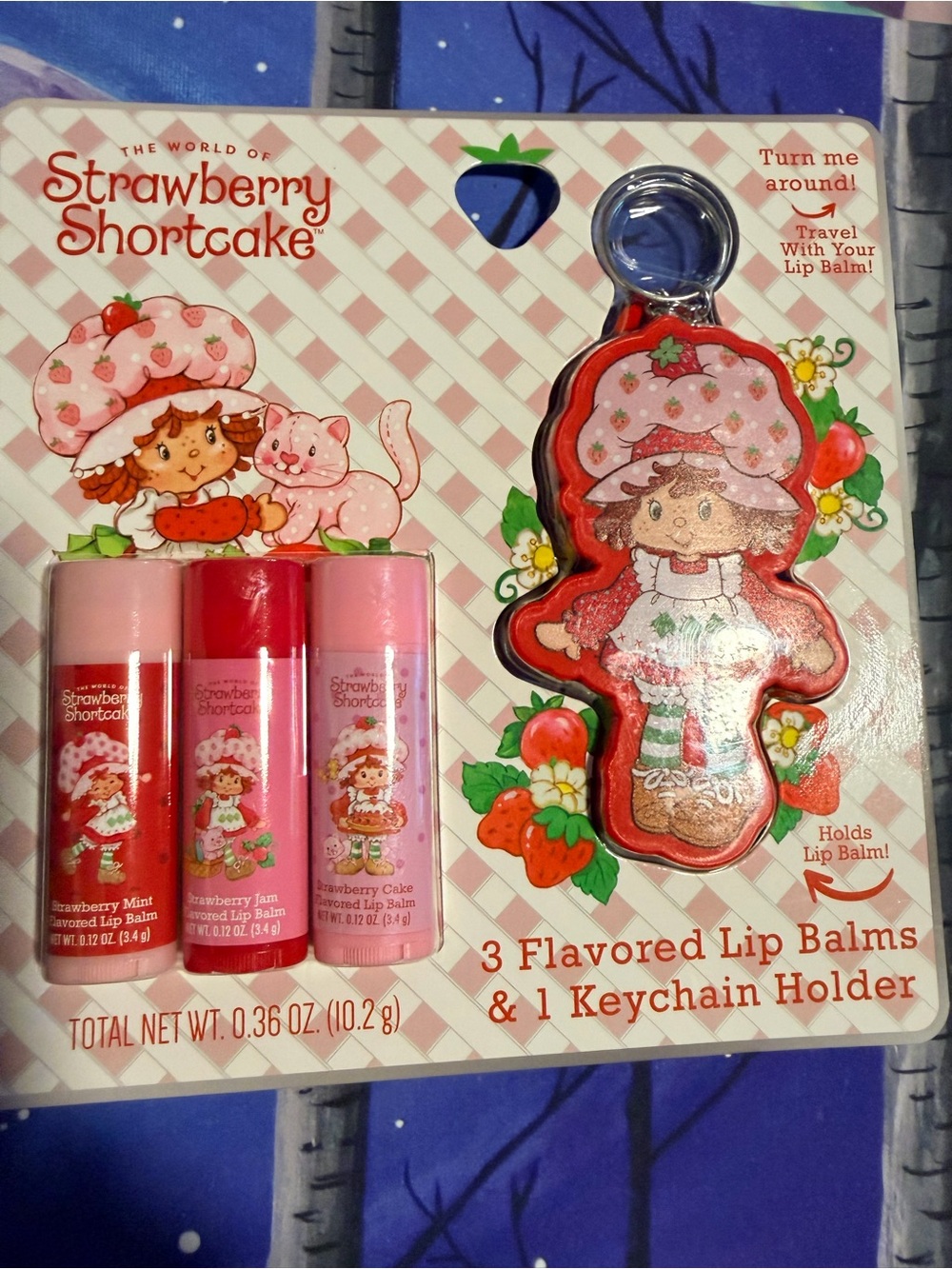 Strawberry Shortcake 3-Pack Flavored Lip Balm with Keychain Holder NWT A75